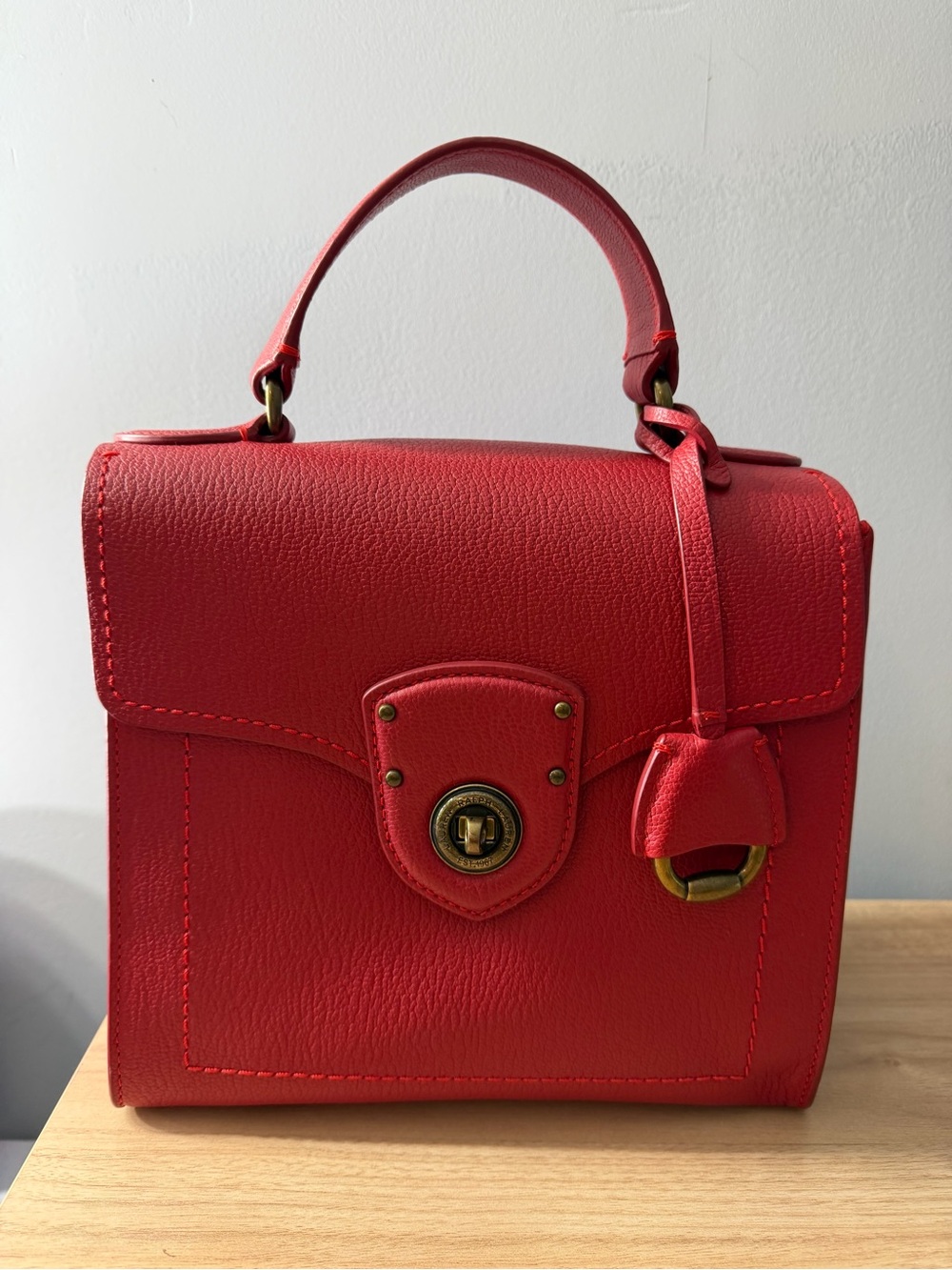 Lauren Ralph Lauren Red Cow Leather Top Handle Crossbody Bag Brass Hardware